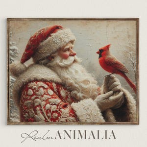 Santa and Cardinal Bird Art Print, Printable Vintage Christmas Wall Art, Traditional Santa Claus Painting, Antique Style Santa Claus | WH147