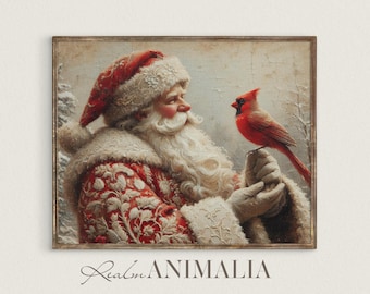 Santa and Cardinal Bird Art Print, Printable Vintage Christmas Wall Art, Traditional Santa Claus Painting, Antique Style Santa Claus | WH147