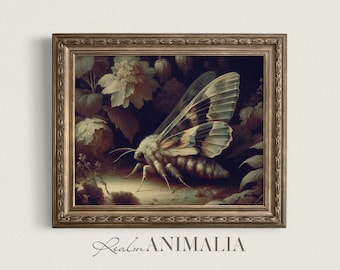 Vintage Moth Print, Dark Floral Cottagecore Wall Art (Digital Download)