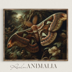 Atlas Moth Art Print, Vintage Botanical Insect Painting, Printable Moody Cottagecore Wall Art, Moth Fine Art Prints, Digital Download |MH001