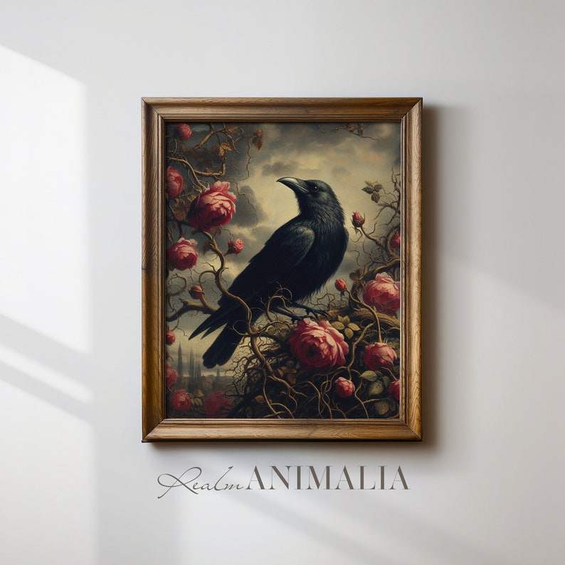 Vintage Crow and Roses Art Print, Gothic Cottage Decor (digital ...