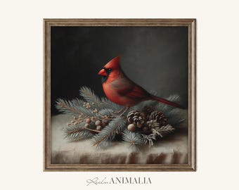 Red Cardinal Art Print, Christmas Still Life, Moody Winter Holiday Decor (Digital Download)
