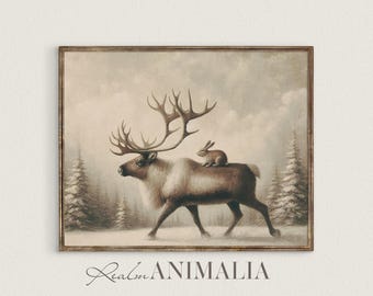 Winter Reindeer & Bunny Print: Neutral Christmas Nursery Art (Digital Download)