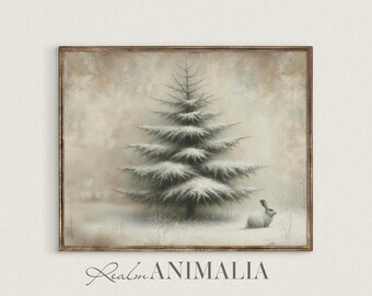 Snowy Pine Tree and Rabbit Print, Winter Animal Art, Neutral Christmas Wall Decor WH230