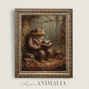 Autumn Toad Vintage Storybook Painting, Printable Moody Fairytale Wall Art, Whimsical Fantasy Animal Art Print, Fall Toad Reading | TD019