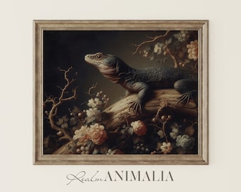 Vintage Lizard Portrait Print | Dark Moody Reptile Printable Painting | Cottagecore Nature Animal Wall Art Decor Digital Download | LZ003