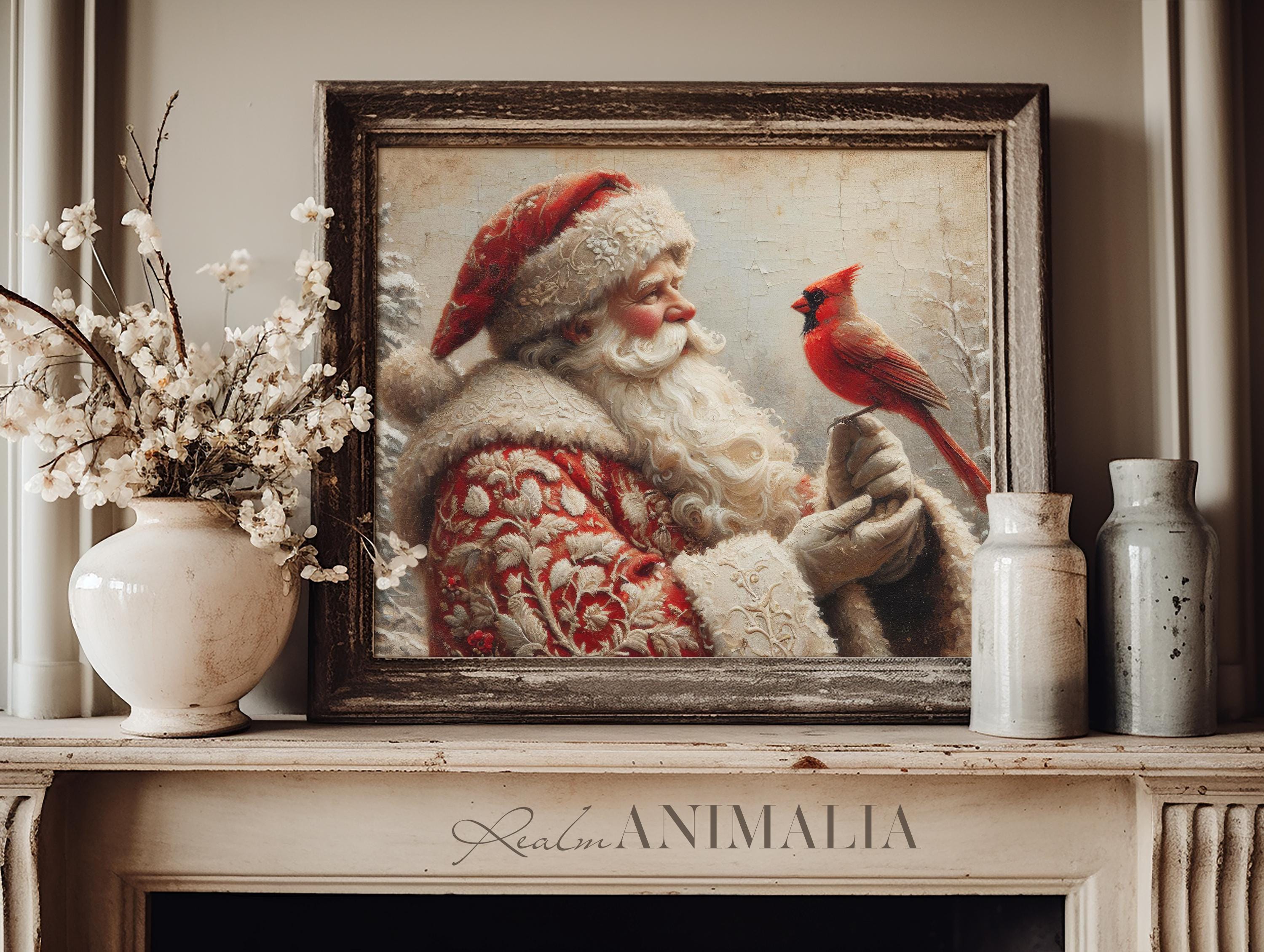 Santa and Cardinal Bird Art Print, Printable Vintage Christmas Wall Art ...