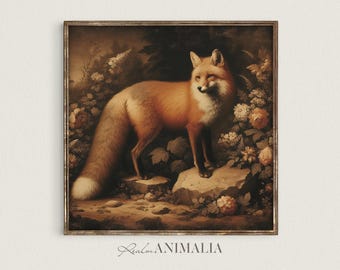 Vintage Red Fox Art Print, Botanical Wildlife Painting (Digital Download)