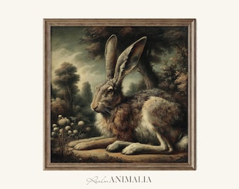 Vintage Hare Art Print, Antique Rabbit Painting, Moody Farmhouse Art (Digital Download)