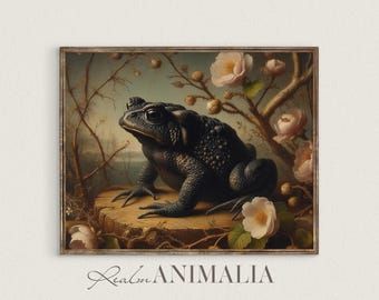 Vintage Toad Art Print | Moody Cottagecore Botanical Frog Printable Wall Art Painting | Floral Animal Wall Decor Digital Download | TD003