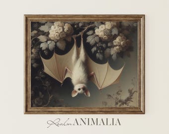Floral White Bat Art Print, Cottagecore Wildlife Painting (Digital Download)