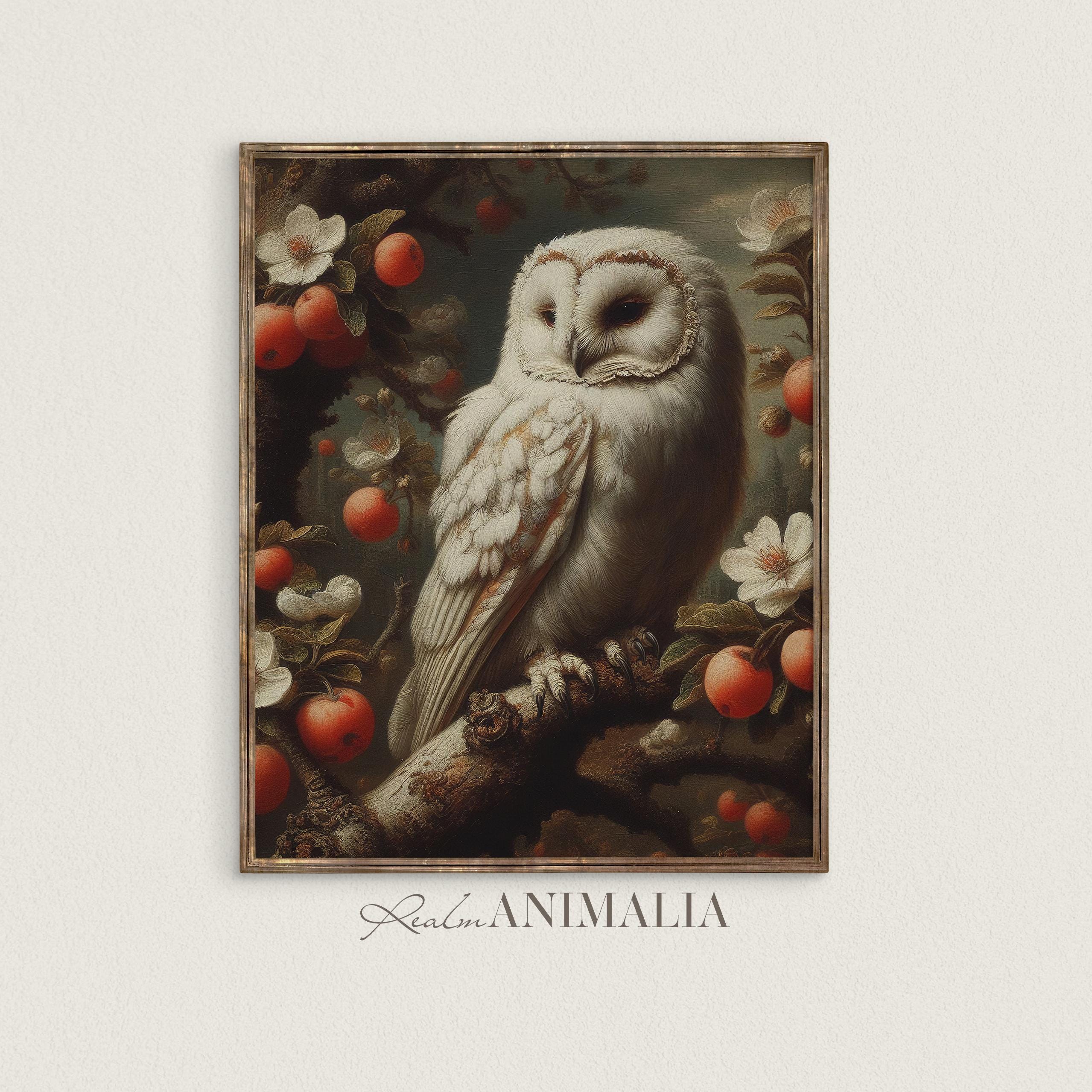 Vintage White Owl Print, Peach Tree Bird Art (Digital Download) OW018
