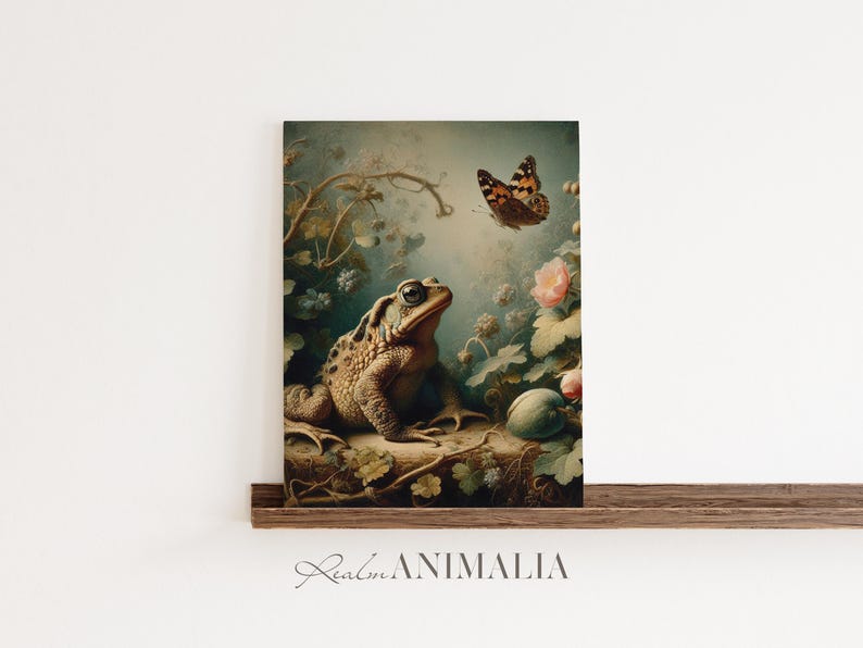 Toad and Butterfly Print, Vintage Nature Wall Art, Nursery Room Animal Decor (Digital Download) image 3