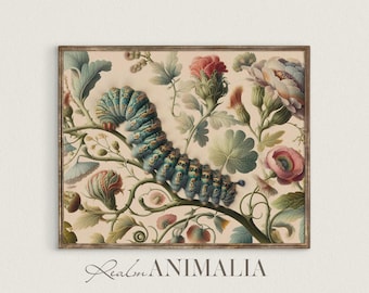 Vintage Caterpillar Botanical Print, Antique Insect Floral Illustration (Digital Download)