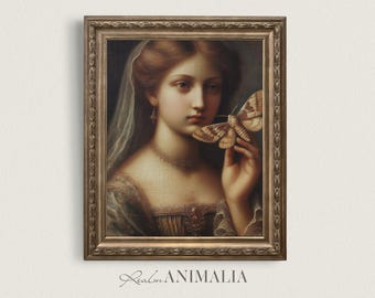 Vintage Portrait Print, Woman with Moth, Dark Academia Wall Art