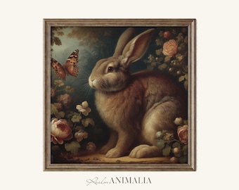 Vintage Rabbit and Butterfly Square Art Print, Moody Spring Decor (Digital Download)