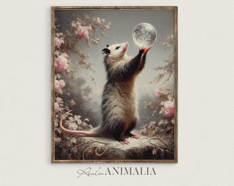 Whimsical Opossum Art Print, Floral Animal Portrait, Vintage Style Wall Decor