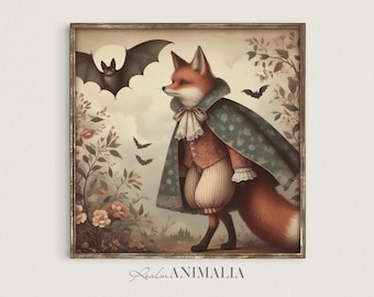 Vintage Storybook Halloween Fox and Bat Illustration, Autumn Nursery Art Print (Digital Download)