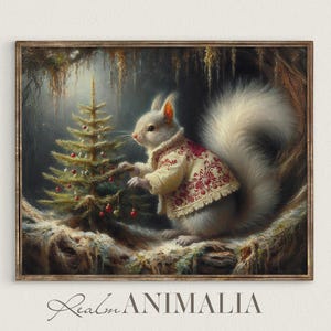 Christmas Squirrel Painting, Printable Whimsical Christmas Wall Art, Fantasy Animal Art Print, Winter Holiday Seasonal Wall Decor | WH136