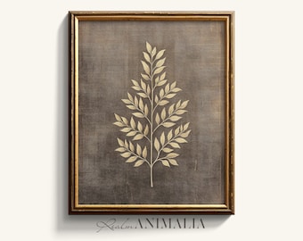 Botanical Leaf Art Print: Vintage Tapestry Style, Neutral Brown Beige (Digital Download)