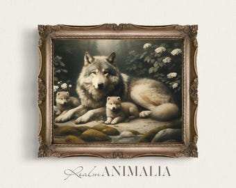 Wolf Family Art Print, Vintage Woodland Animal Painting (Digital Download)