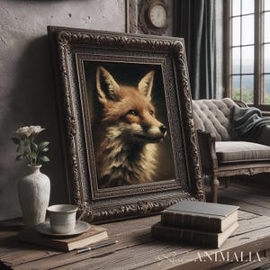 Op de afbeelding: Een ingelijst portret van een vos met roodbruine vacht, tegen een donkere achtergrond. De sierlijke, donkerbruine lijst leunt tegen een muur. De afbeelding staat op een houten tafel met een vaas, een kopje en boeken.