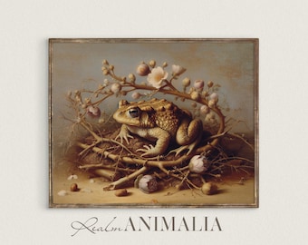 Toad in Floral Nest Vintage Art Print, Cottagecore Animal Painting (Digital Download)
