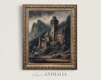 Medieval Castle Wall Art Print, Dark Academia Decor, Moody Landscape Painting
