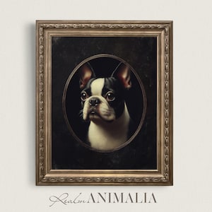 Boston Terrier Art Print, Boston Terrier Printable Wall Art, Vintage Style Dog Portrait Painting, Pet Dog Art Print, Dark Moody Decor BTR010