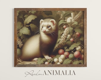 Vintage Ferret Painting, Botanical Cottagecore Art (Digital Download)
