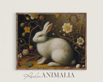 Vintage Rabbit Art Print, Botanical Bunny Painting (Digital Download)
