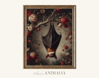 Gothic Bat Art Print, Moody Floral Cottagecore Wall Decor (Digital Download)