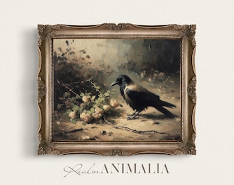 Vintage Magpie Painting, Moody Bird Art Print (Digital Download)