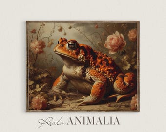 Vintage Toad Print, Botanical Floral Frog Wall Art, Antique Animal Illustration