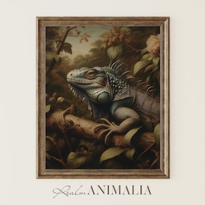 Iguana Art Print, Vintage Reptile Lizard Wall Art, Printable Iguana Fine Art Poster, Moody Botanical Floral Wildlife Animal Painting | IG001