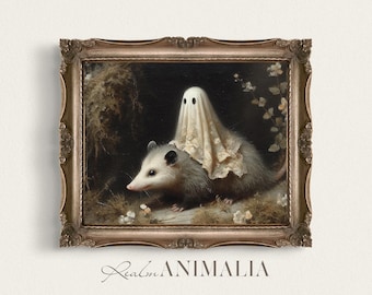 Vintage Halloween Art Print, Ghost Riding Opossum (Digital Download)
