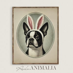 Boston Terrier Art Print, Boston Terrier Dog Vintage Portrait, Neutral Spring Printable Wall Art, Easter Art Prints, Whimsical Decor | SG104