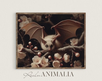 White Bat Art Print: Dark Cottagecore Floral (Digital Download)