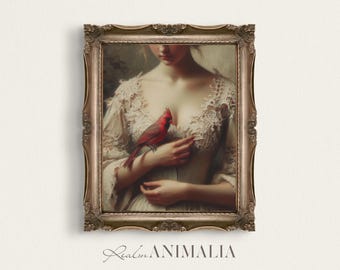 Victorian Woman and Red Cardinal Bird Portrait Painting, Vintage Christmas Printable Wall Art, Moody Romantic Winter Holiday Prints | WH121