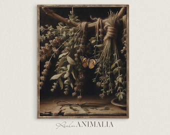 Vintage Herbs and Butterfly Art Print, Moody Kitchen Decor (Digital Download)