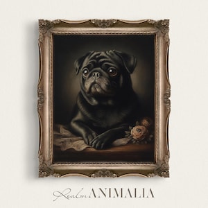 Black Pug Portrait Print, Printable Wall Art, Vintage Style Dog Painting, Pet Portrait Fine Art, Pug Dog Wall Art, Digital Download | PG002