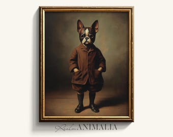 Boston Terrier Costume Painting, Vintage Halloween Portrait Art Print, Whimsical Costume Party Decor, Dog Lover Gift, Fall Wall Art |HW007