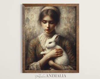 Girl and Rabbit Portrait, Vintage Style Fine Art Print (Digital Download)