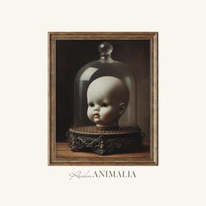 Porcelain Doll Head Cloche Print, Antique Victorian Still Life Painting, Printable Gothic Oddities Wall Art, Vintage Doll Head Poster |CL011