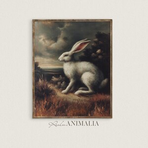 White Rabbit Painting, Antique Fall Hare Art Print, Printable Vintage Moody Autumn Wall Art, Dark Cottagecore Decor, Digital Download |HR008