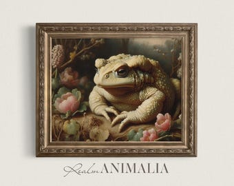 Vintage Toad Print | Moody Cottagecore Pale Frog Printable Wall Art Painting | Floral Botanical Animal Wall Décor Digital Download | TD004
