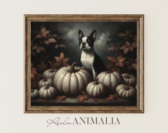 Vintage Boston Terrier Autumn Portrait, Fall Pumpkins Wall Art (Digital Download)
