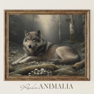 Gray Wolf Art Print, Forest Wolf Painting, Moody Woodland Wildlife Landscape Printable Wall Art, Cottagecore Art Prints, Nature Art | WF005