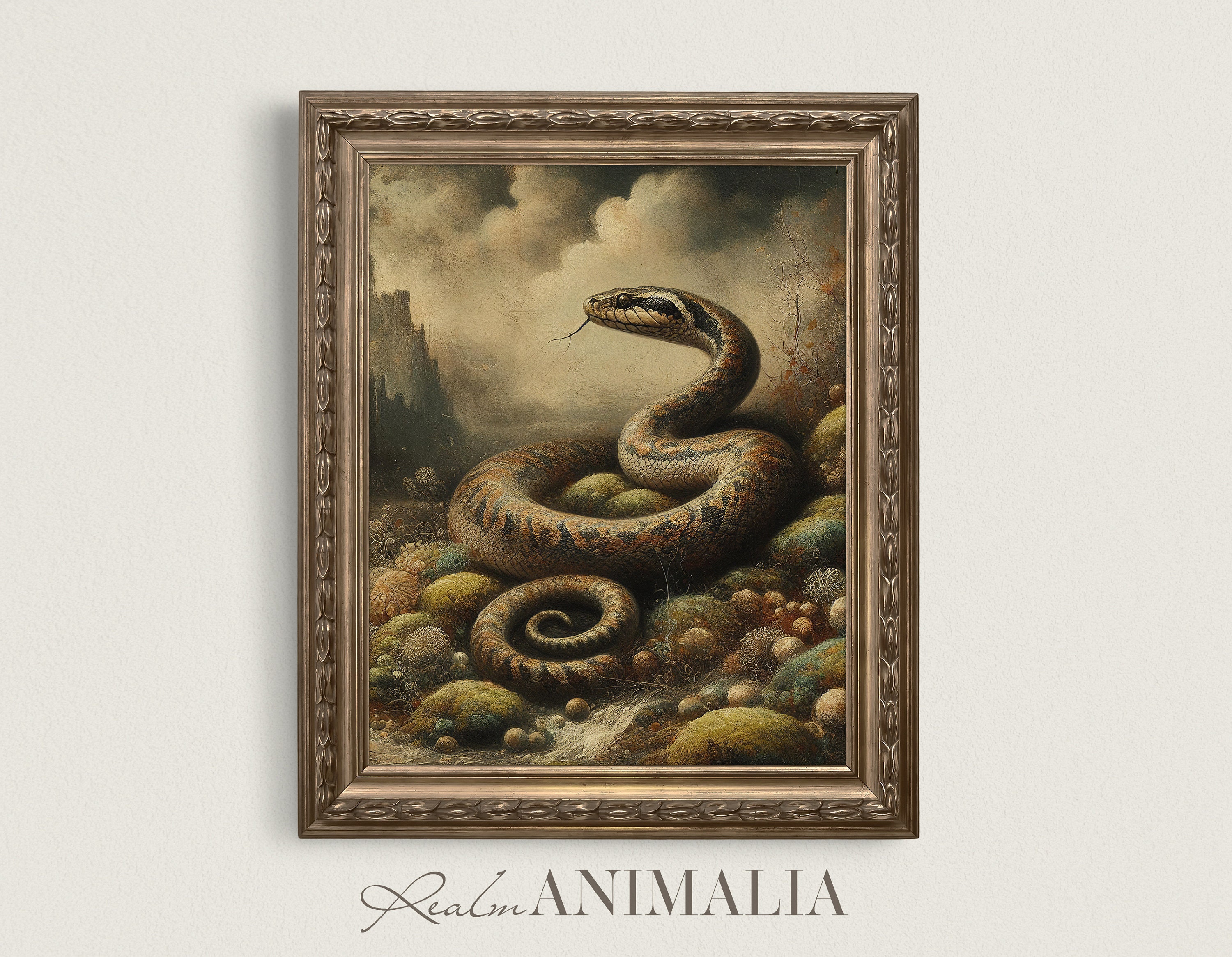 Antique Snake Printable Painting | Moody Vintage Serpent Snake Fine Art Print | Dark Academia Cottage Digital Download Wall Decor | SN001
