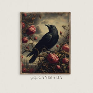 Vintage Crow and Roses Art Print, Gothic Cottage Decor (Digital Download)